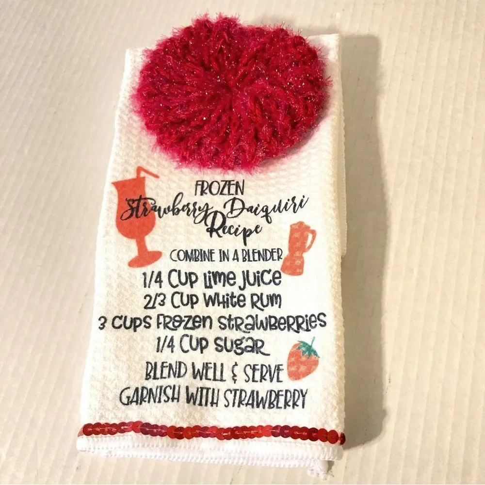 STRAWBERRY DAIQUIRI Bar Keeper Towel and Countertop Dish Glass Scrubby Gift Set